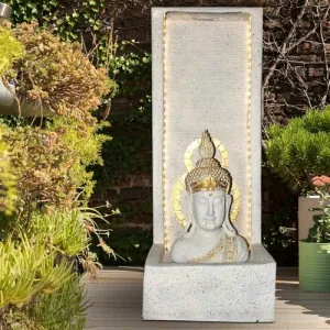 Art N Hub Lord Buddha Indoor Outdoor Fiber Gift Items for Home Decoration and Office Decoration | Vastu Showpiece for Home (36 x 33 x 92 CM | Ivory & Golden)