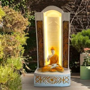 Art N Hub Lord Buddha Indoor Outdoor Waterfall Fountain Office Decorative Items | Best Welcome Gifts for Guest Also Best Gift Items for Home Decoration (58 x 33 x 122 CM | White Dotted Golden)