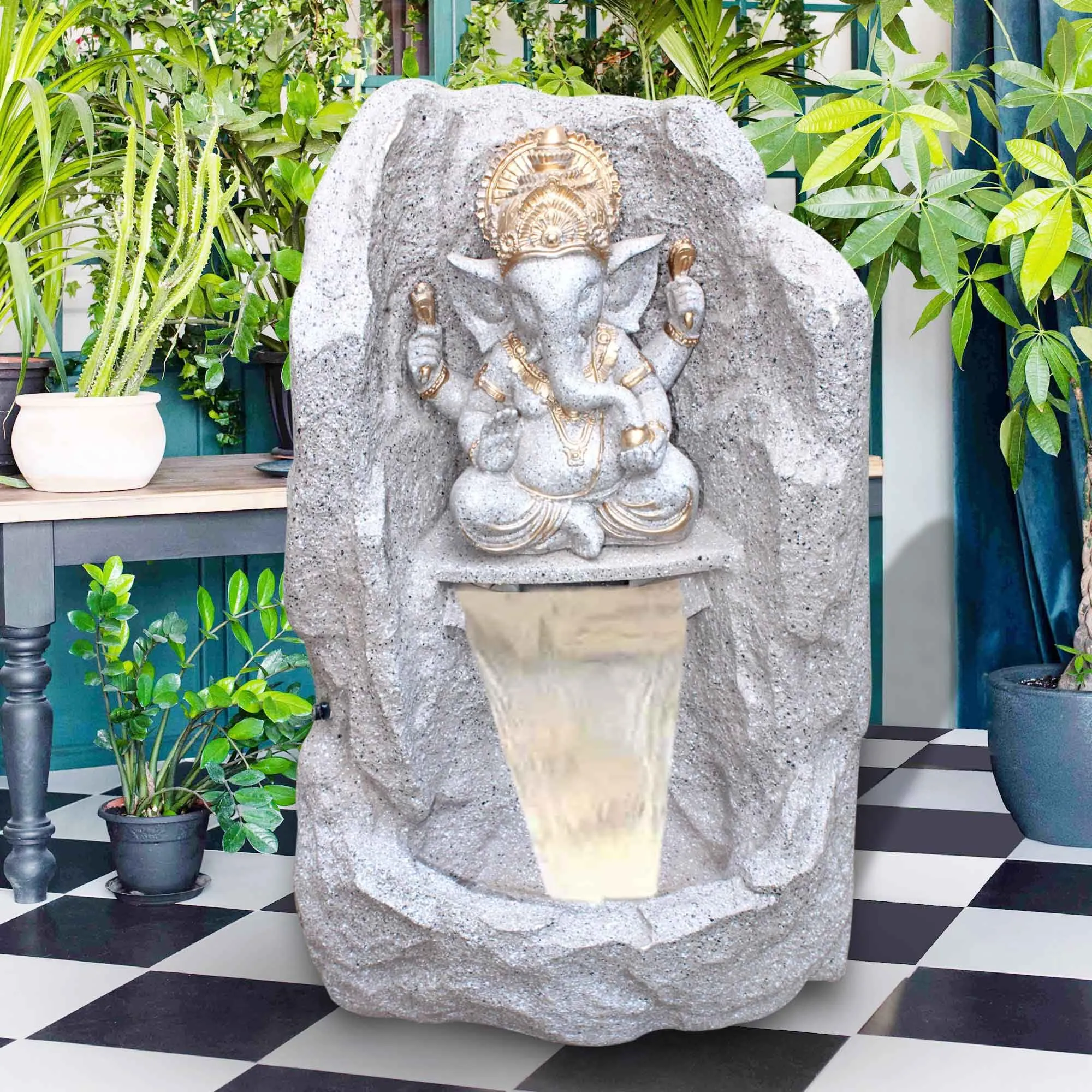 Art N Hub Lord Ganesha Big Waterfall Fountain Decorative Gift Items for Home and Office Outdoor Also Good As Garden Decoration Items | Home Inauguration Gift Items (38 x 38 x 64 CM | Grey & Golden)