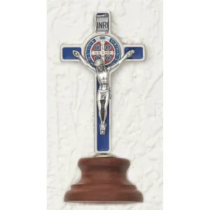 Saint Benedict Mini Cross on Base - Blue Enamel