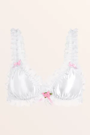 Satin Frilly Elasticated Bralette - White